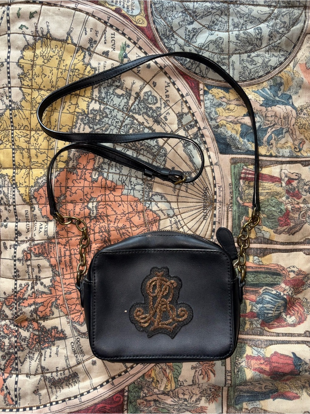 Ralph Lauren Black Leather Crossbody with Embroidered Crest Accent